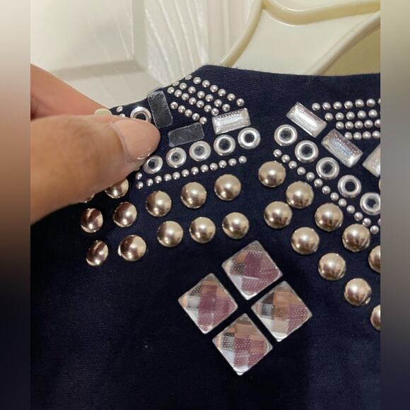 Chico’s Blue Crop Open Front Linen Blend Stud Rhinestone Jacket size Large - Picture 7 of 9